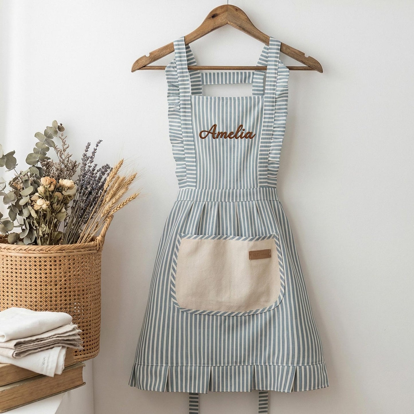 Embroidered Striped Pinafore Apron "Amelia" - gift for friends