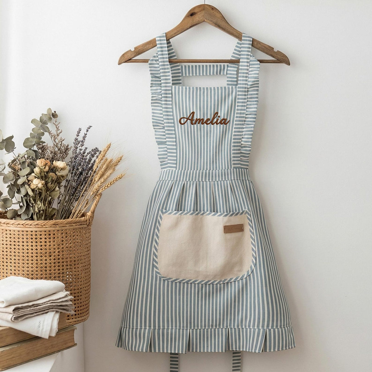 Embroidered Striped Pinafore Apron "Amelia" - gift for friends