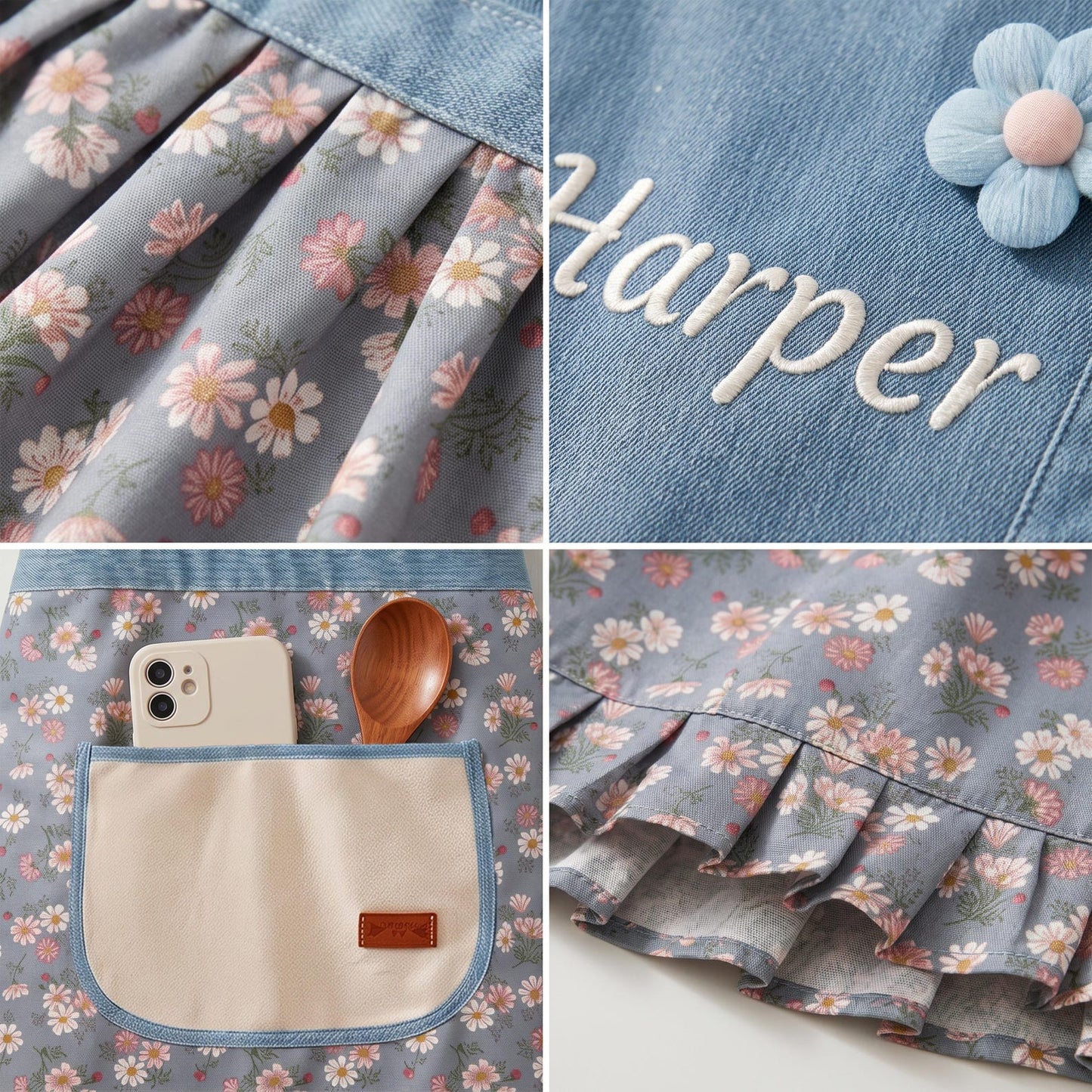 Floral Denim Ruffle Pinafore "Harper" Apron - gift for friends