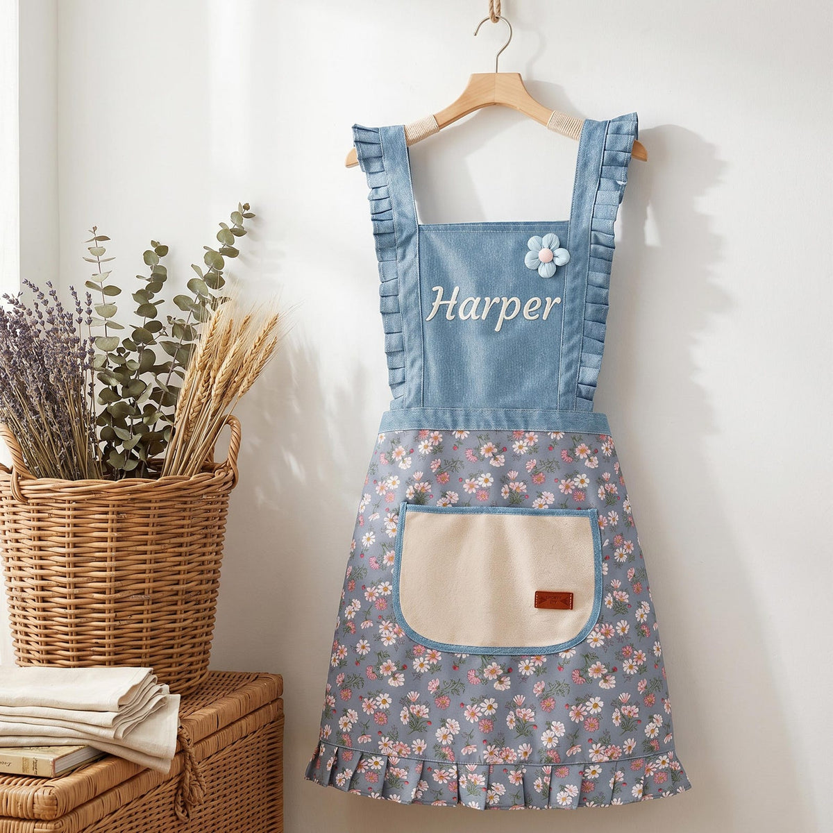 Floral Denim Ruffle Pinafore "Harper" Apron - gift for friends