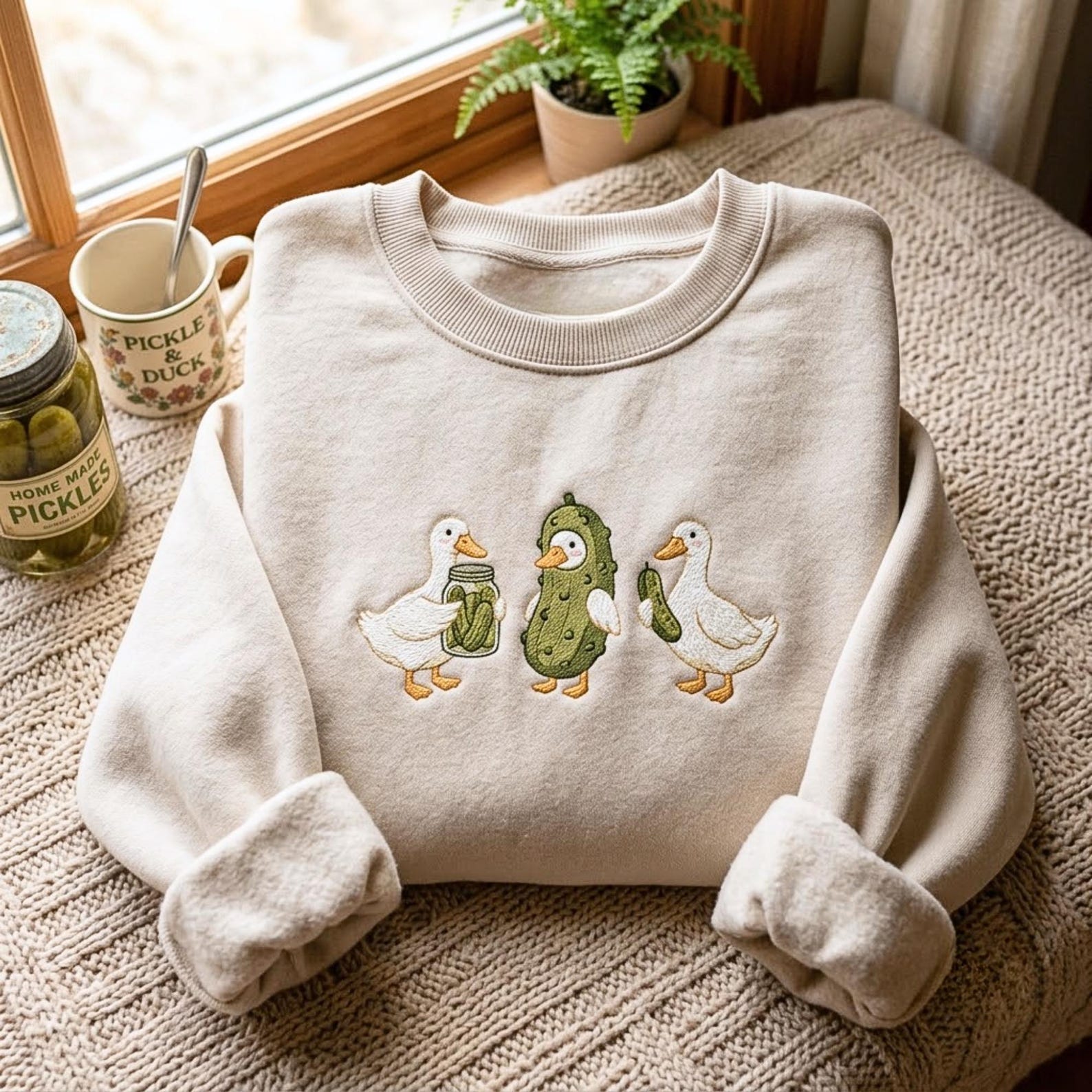 Embroidered Duck and Pickle Crewneck Sweatshirt - gift for friends