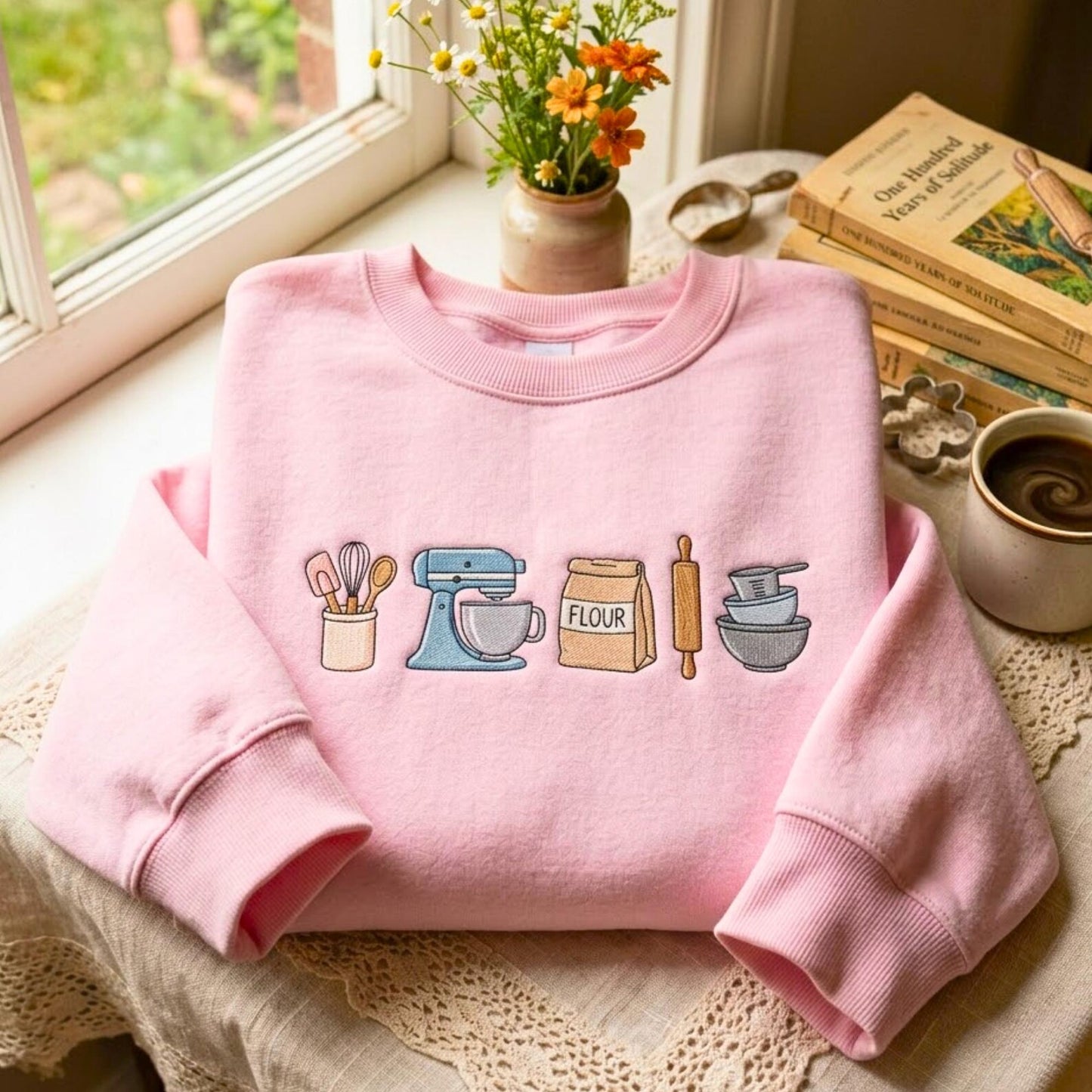 Embroidered Baker Kitchen Tools Pink Sweatshirt - gift for friends