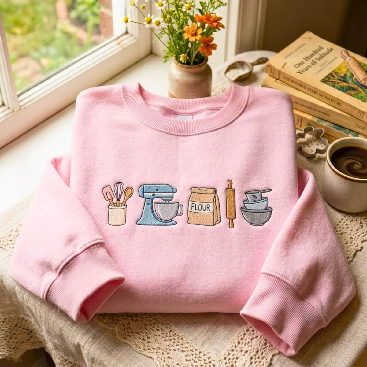 Embroidered Baker Kitchen Tools Pink Sweatshirt - gift for friends